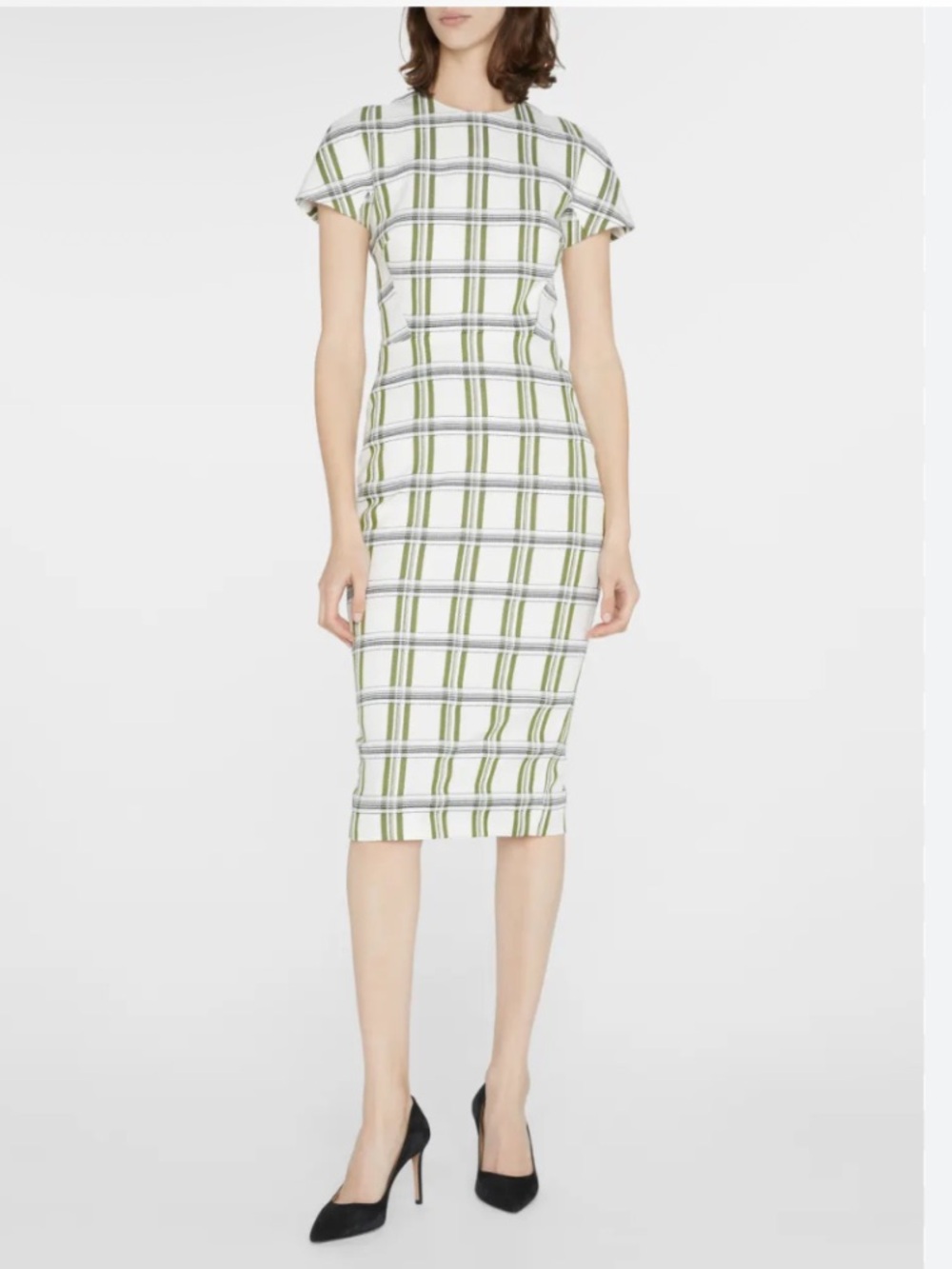 Victoria Beckham Off White Midi Dress with Green Check Print Size 2
